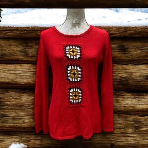 Skye's The Limit Women's Sz M  Red Pullover sweater Tunic granny squares accent